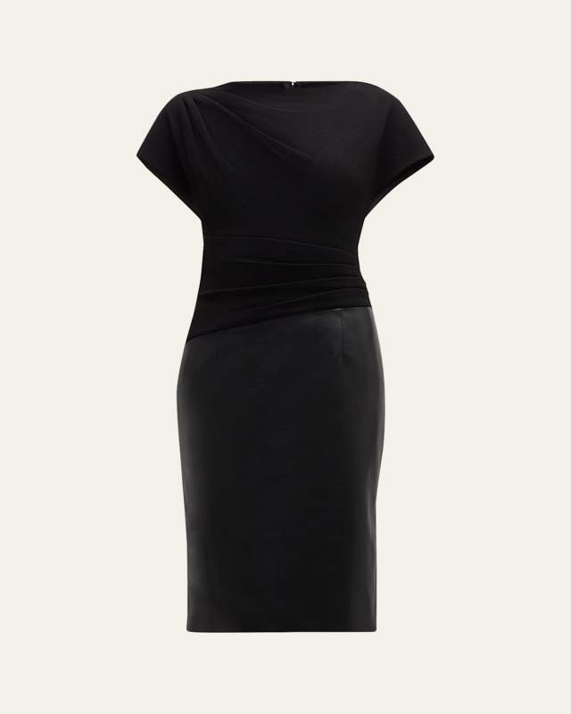 Pleated Crepe and Vegan Leather Dress